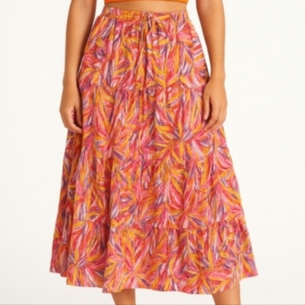 Orange Boho Leaf Print Cotton Pink Tiered Midi Skirt